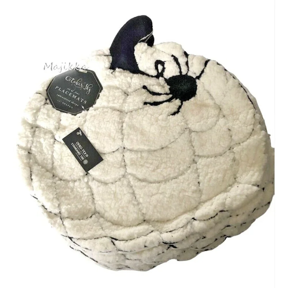October Sky Halloween Sherpa Spider Web Placemats Embroidered White Set of 4